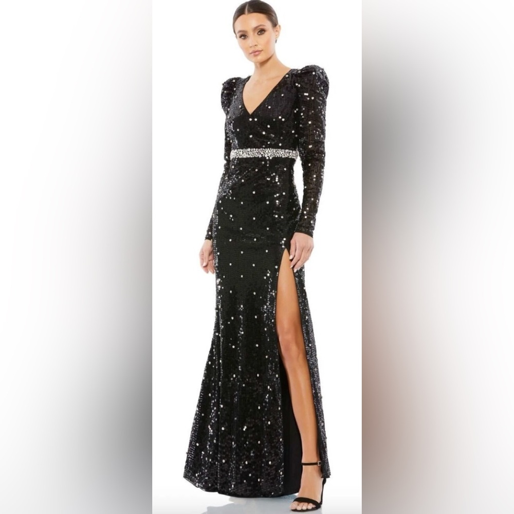 Mac Duggal Black Sequin Long Sleeve Gown